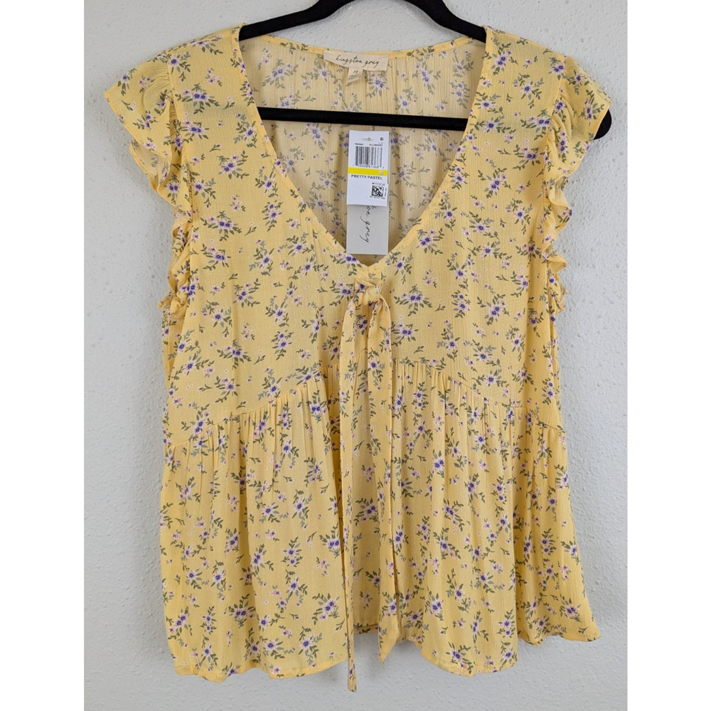 New Kingston Grey sz M Blouse bright yellow floral print ruffly ss 3982